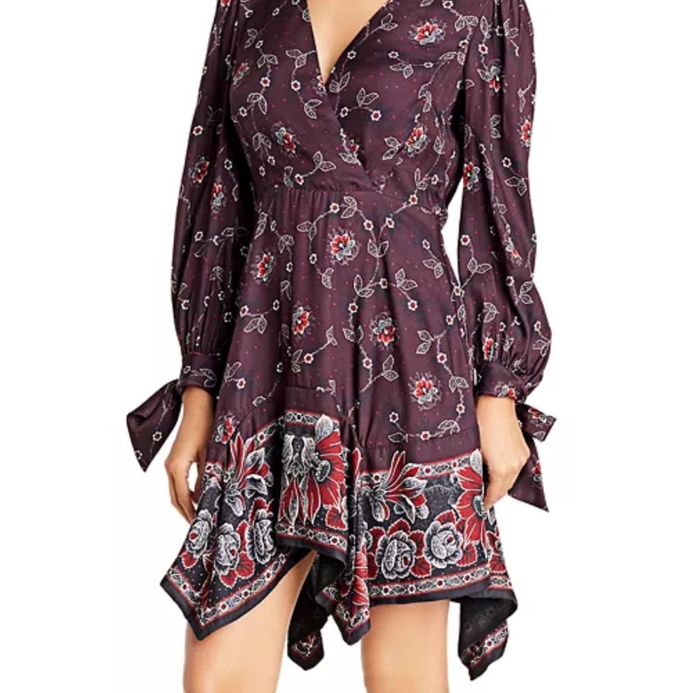 Floral Print Long Sleeve Dress - Burgundy